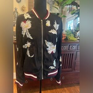 Anthropologie Elevenses Black Floral Embroidered Bomber Jacket
